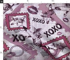 the fabric has stamps on it, and is pink with black letters that say xoxo