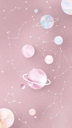 the planets and stars are painted in pastel pink, with white dots on them