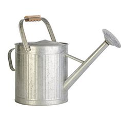 a metal watering can with a wooden handle