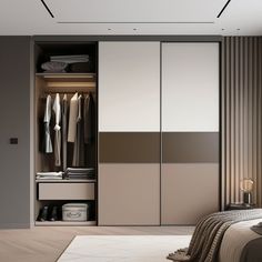 a bedroom with an open closet and bed