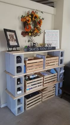 an entertainment center made out of pallets and crates