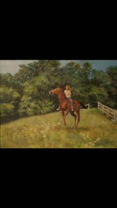 a painting of a girl riding a horse in a field with trees and grass behind her