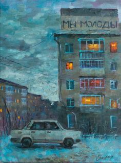 a painting of a car parked in front of a building with the name mh monaco written on it