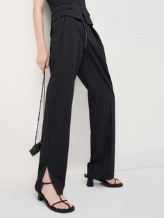 MO&Co. Women's Striped Slit Tapered Pants This suit pants are a fashionable addition to any wardrobe. Crafted with a high waist and featuring a stripe design, they offer an unexpectedly elegant look. Added comfort comes with the included belt and convenient front slit details. Easily dress up any outfit with these timelessly stylish pants. Features : - Belt include- Front slits details- High waist design Code: MBB2PAT003The back length of size M is 105cmMATERIALS & CARE Material: 81.7% Polyester Stylish Pants, Tapered Pants, Suit Pants, Stripes Design, Black Pants, High Waist, Outfit Ideas, Dress Up, Prom