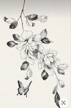 a black and white drawing of flowers with a butterfly flying by it's side