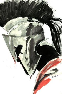 a drawing of a man wearing a helmet with hair in the wind and blood on his face