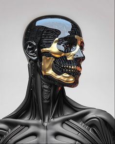 an image of a human skeleton with gold and black accents on it's face