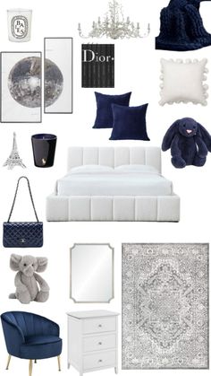 a collage of white and blue items including a bed, chair, rug, mirror, lamp, coffee table