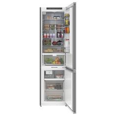 an open refrigerator freezer with its doors wide open and food in the bottom drawer