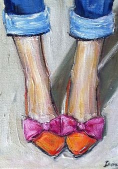 a painting of two feet wearing blue jeans and pink shoes with bows on the toes