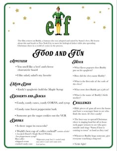 the flyer for food and fun, which features an elf's costume on it