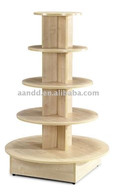 three tiered wooden display stand with four shelves on each side and one shelf in the middle