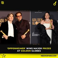 two men and one woman posing for the camera with their golden globes trophies in front of them