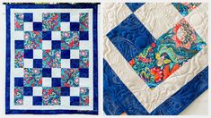 two quilts with different designs on them, one is blue and the other is white