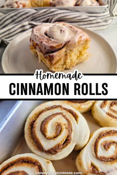 homemade cinnamon rolls on a white plate with the title in the middle and bottom photo