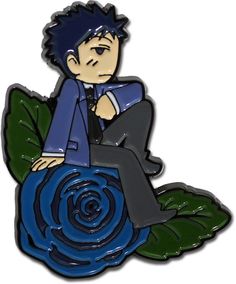 a lapel with a man sitting on top of a blue flower and green leaves