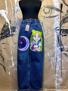 "Sailor Moon - jeans art - festive clothing- jeans with hand-painted - art on jeans - portrait- women's jeans - vintage jeans - OLD NAVY - L We will make similar jeans for you in any size on request jeans in stock! jeans are available to order! Vintage OLD NAVY - L 100% cotton measuring jeans: waist inches (half volume) length inches thighs inches (half volume) Under the order we will draw any drawings on jeans. Any size jeans of your choice. Write us a personal message and we will discuss every Hand Painted Denim Jeans For Streetwear, Artistic Straight Leg Denim Jeans, Hand Painted Straight Leg Cotton Jeans, Artistic Hand Painted Denim Bottoms, Blue Hand Painted Cotton Jeans, Artistic Hand Painted Straight Leg Bottoms, Trendy Hand Painted Cotton Jeans, Artistic Hand Painted Denim Jeans, Trendy Hand Painted Blue Jeans