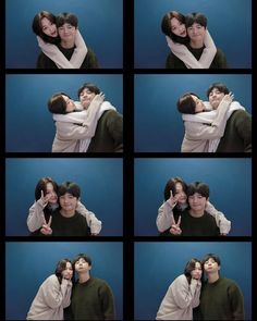 multiple shots of a man and woman hugging each other with their fingers in the air