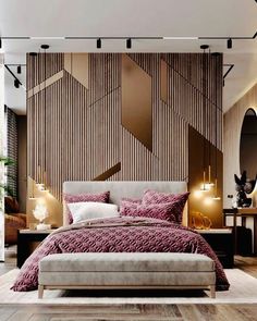 a bedroom with a large bed and wooden walls