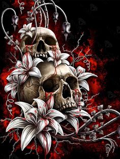 a skull with flowers and vines on it's face is shown in this artistic painting