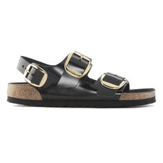 Oversized matte buckles and glossy leather brings statement finishes to the street-inspired Milano sandal. This Semi-Exquisite style features a footbed wrapped in luxuriously smooth leather for a premium touch you'll feel as soon as you step in. An adjustable backstrap gives you added security and a fit that's just right. Complete with an original BIRKENSTOCK cork-latex footbed for the ultimate in all-day support. Contoured cork-latex footbed creates custom support with wear Natural leather uppe Black Birkenstock, Birkenstock Black, Birkenstock Women, Leather Sandals Flat, Birkenstock Sandals, Black Leather Sandals, Birkenstock Milano, Buckle Sandals, Leather Flats