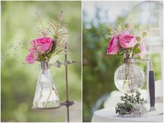 two pictures of flowers in vases on top of a table