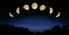 five phases of the moon in the night sky with trees and clouds around them, as seen from below