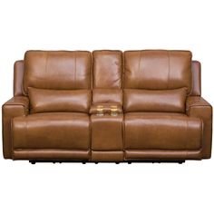 a brown leather reclining couch sitting on top of a white floor