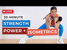 a woman doing squats with the words 30 - minute strength power and isometricics