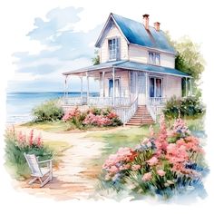 a watercolor painting of a house on the beach with flowers and a lawn chair