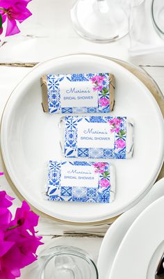 Bridal shower candy favors personalized mini Hershey chocolates Blue Tiles Bougainvillea Mediterranean Party Favors, Magenta Party, Bridal Shower Candy Favors, Mediterranean Party, Mr Goodbar, Mykonos Blue, Favor Gifts, Bridal Shower Party Favors, Chocolate Favors