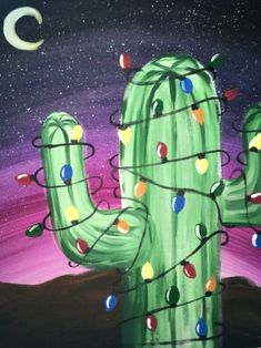 a painting of a cactus with christmas lights on it