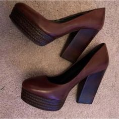 Nordstrom Trouve Brown Leather Platform Pumps With Braided Sole And Stacked Heel Size 8 Euc. Never Worn, But They Do Have A Couple Bump Marks And Scratches From Storage Super Comfy And Really Beautiful Shoe! Brown Almond Toe Platform Heels, Burgundy Leather Platform Heels, Chic Brown Heels With Textured Sole, Brown Stacked Heel Formal Heels, Platform Pumps, Stacked Heel, Beautiful Shoes, Bump, Shoes Women Heels