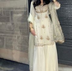 #desiclothes #desiclothing Off White Traditional Outfit, Pakistani Dress Aesthetic, White Desi Clothes, White Desi Dress, Desi Dresses Aesthetic, Traditional Dress Aesthetic, Sharara Aesthetic, White Traditional Outfit, Desi Clothes Aesthetic