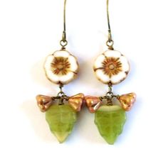 Leaf flower earrings, earthy colors bead dangle earrings, cream green brown Czech glass, antiqued br Czech Beads Jewelry, Feminine Jewelry, Bead Dangle Earrings, Brass Art, Leaf Flower, Earring Designs, Pink Topaz, Jewellery Ideas, Beaded Dangle Earrings