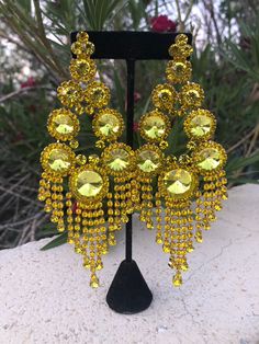 Yellow Crystal Earrings For Party, Yellow Dangle Crystal Earrings For Party, Yellow Dangle Crystal Party Earrings, Yellow Rhinestone Jewelry For Party, Yellow Rhinestone Party Jewelry, Yellow Dangle Chandelier Earrings For Party, Large Gold Earrings, Pageant Earrings, Yellow Costume