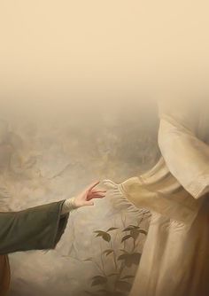 a painting of jesus holding the hand of another person in front of him with his arm outstretched