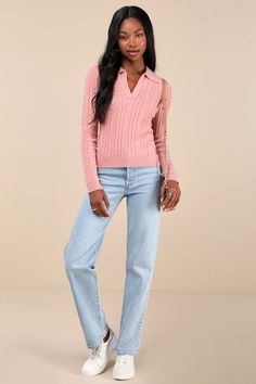 Cozy and cute, the Lulus Seasonal Classic Pink Cable Knit Collared Sweater Top will be one of your favorite pieces to style all fall long! Stretchy cable knit shapes this sweet top that features a chic collared neckline, a fitted bodice, and long sleeves. Contrasting ribbed knit accents the cuffs and hem. Pair with a mini skirt and tights to create a comfy coquette-style look! Fit: This garment fits true to size. Length: Size medium measures 22" from shoulder to hem. Bust: Great for any cup size Comfy Coquette, Mini Skirt And Tights, Skirt And Tights, Sweet Top, Collared Sweater, Coquette Style, Cable Knit Sweater, Cup Size, Fitted Bodice