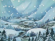 a painting of a snowy landscape with trees in the foreground and snow falling on the ground