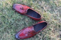 Crafted Leather New Handmade Men's Red Tassel Loafers Shaded Moc Toe Pure Leather Party Shoes on Storenvy