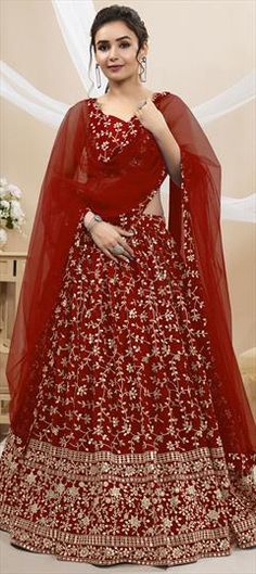 Red and Maroon color Lehenga in Georgette fabric with Embroidered, Sequence, Thread, Zari work Red Embroidered Floor-length Dupatta, Red Floor-length Embroidered Fabric For Reception, Floor-length Red Embroidered Fabric For Reception, Red Fitted Embroidered Fabric For Wedding, Engagement Reception, Wedding Red, Zari Work, Wedding Lehenga, Reception Wedding