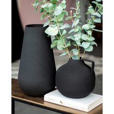 two black vases sitting on top of a table next to a book and plant