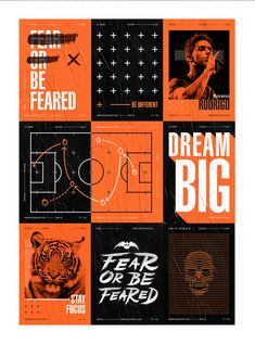 an orange and black collage with words that read dream big, fear or be afraid