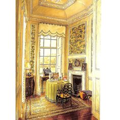 a drawing of a dining room with yellow walls