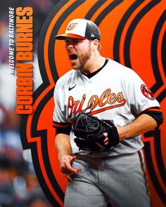 a baseball player with his mouth open in front of an orange and black sign that says go orioles