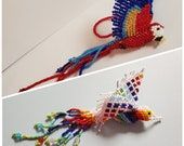 two pictures of an animal made out of bead and plastic beads, one with a bird on it's tail