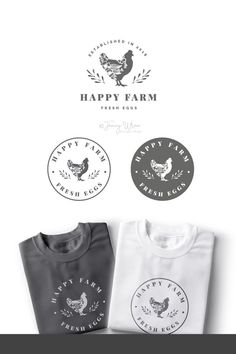 two t - shirts with the words happy farm on them and an image of a rooster