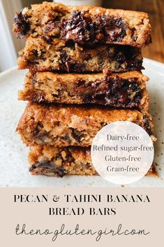 pecan and mini banana bread bars stacked on top of each other with text overlay