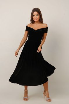 "Little Black Dress Velvet Dress Mid Calf Length Dress Open Shoulder Sash Formal Dress Wedding Guest Dress. Dresses made with Love in Europe. Capelets you can find here: https://www.etsy.com/shop/DesirCouture?section_id=41041632 More Désir Couture dresses you can find here: https://www.etsy.com/shop/DesirCouture?ref=simple-shop-header-name&listing_id=992376660 ❖ If you wish pockets or not so many pleats on waist.. write it in order's note. ❖ Waist Sash included. ❖ Material is quality, flexible a Velvet Dress Midi, Elegant Black Prom Dresses, Velvet Dress Formal, Black Dress Velvet, Evening Midi Dress, Mid Dress, Midi Party Dress, Dress Velvet, Calf Length Dress