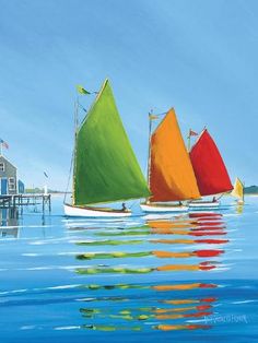 three colorful sailboats floating in the water near a house and pier on a clear day